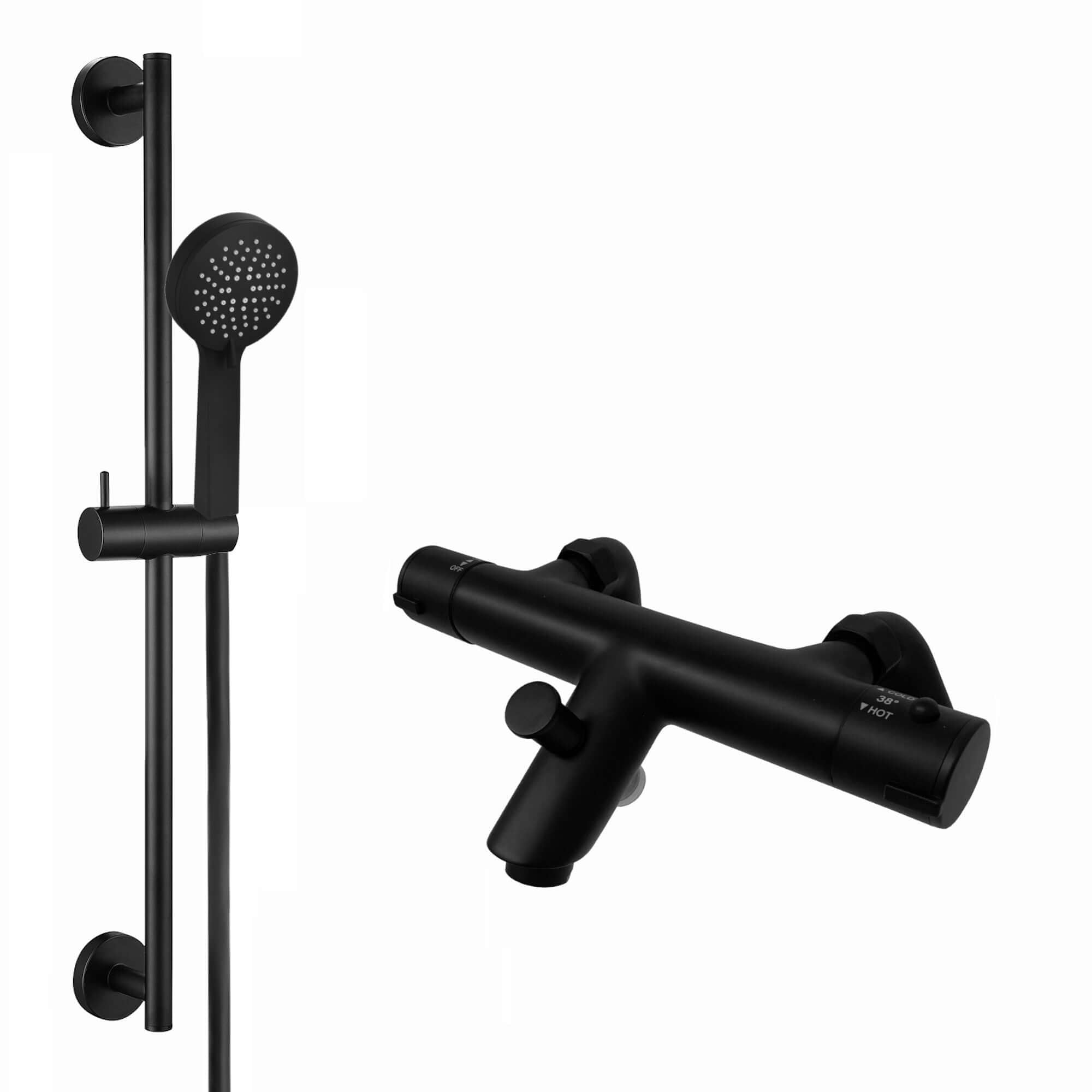 Dune modern thermostatic bath shower mixer tap deck mount with slider rail kit - matte black - Showers